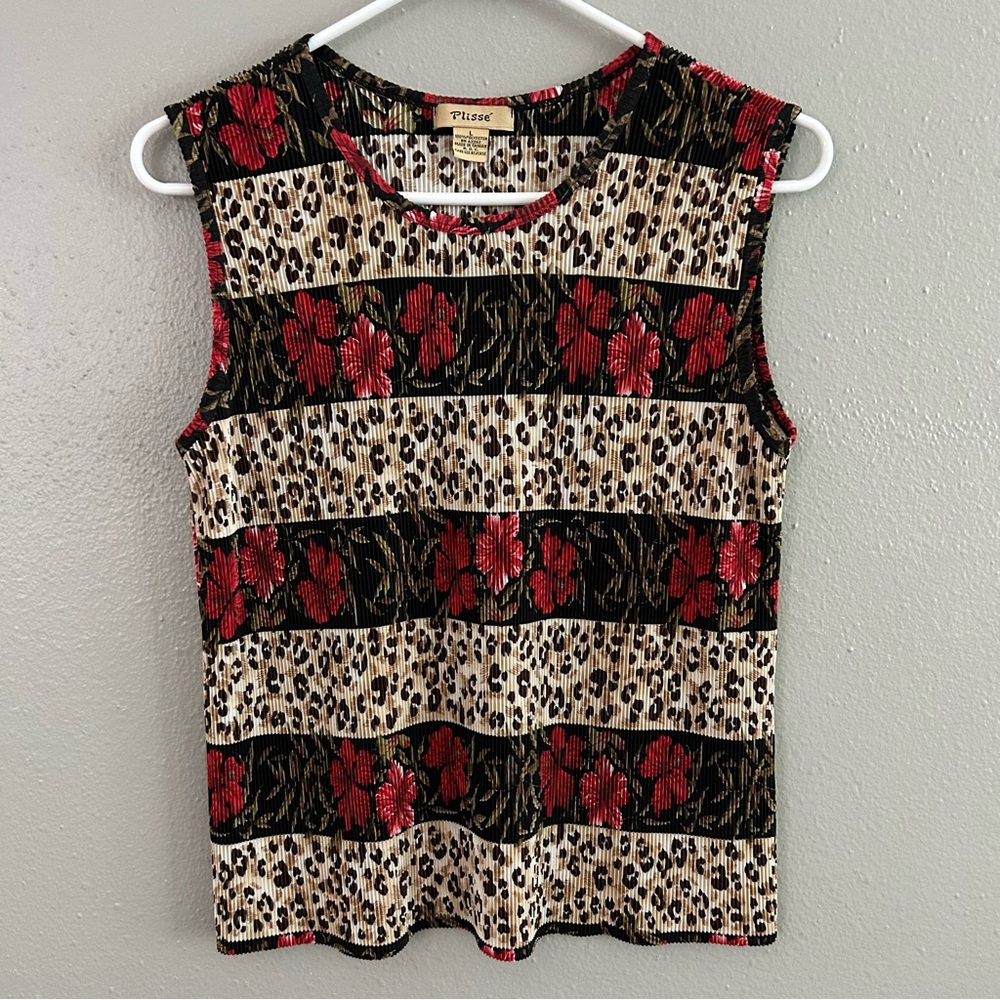 VTG Plisse Accordion Pleated Tank Top Size L Leopard Floral Stripe 90s Hibiscus